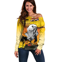 Niue ANZAC Day Off Shoulder Sweater Soldier and Gallipoli Lest We Forget LT03 Women Yellow - Polynesian Pride