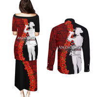 Tonga ANZAC Day Couples Matching Puletasi and Long Sleeve Button Shirt Red Poppies Flower Soldier Lest We Forget LT03 - Polynesian Pride