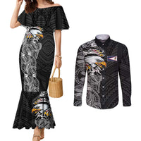 American Samoa Flag Day Couples Matching Mermaid Dress and Long Sleeve Button Shirt Tribal Tattoo with Eagle Black