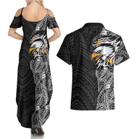 American Samoa Flag Day Couples Matching Summer Maxi Dress and Hawaiian Shirt Tribal Tattoo with Eagle Black LT03 - Polynesian Pride