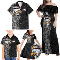 American Samoa Flag Day Family Matching Off Shoulder Maxi Dress and Hawaiian Shirt Tribal Tattoo with Eagle Black LT03 - Polynesian Pride