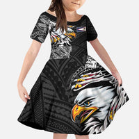 American Samoa Flag Day Family Matching Off Shoulder Short Dress and Hawaiian Shirt Tribal Tattoo with Eagle Black LT03 Daughter's Dress Black - Polynesian Pride
