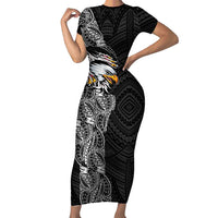American Samoa Flag Day Family Matching Short Sleeve Bodycon Dress and Hawaiian Shirt Tribal Tattoo with Eagle Black