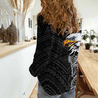 American Samoa Flag Day Women Casual Shirt Tribal Tattoo with Eagle Black
