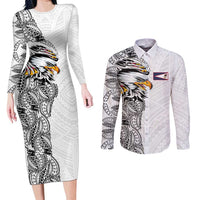American Samoa Flag Day Couples Matching Long Sleeve Bodycon Dress and Long Sleeve Button Shirt Tribal Tattoo with Eagle White LT03 White - Polynesian Pride