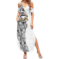 American Samoa Flag Day Family Matching Summer Maxi Dress and Hawaiian Shirt Tribal Tattoo with Eagle White LT03 Mom's Dress White - Polynesian Pride