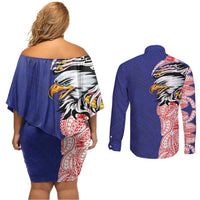 American Samoa Flag Day Couples Matching Off Shoulder Short Dress and Long Sleeve Button Shirt Tribal Tattoo with Eagle Blue-Red