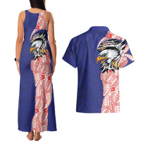 American Samoa Flag Day Couples Matching Tank Maxi Dress and Hawaiian Shirt Tribal Tattoo with Eagle Blue-Red LT03 - Polynesian Pride