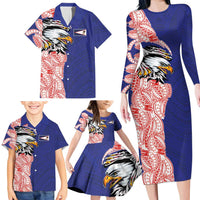 American Samoa Flag Day Family Matching Long Sleeve Bodycon Dress and Hawaiian Shirt Tribal Tattoo with Eagle Blue-Red