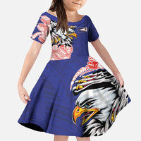 American Samoa Flag Day Family Matching Off The Shoulder Long Sleeve Dress and Hawaiian Shirt Tribal Tattoo with Eagle Blue-Red
