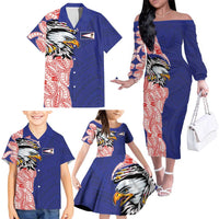 American Samoa Flag Day Family Matching Off The Shoulder Long Sleeve Dress and Hawaiian Shirt Tribal Tattoo with Eagle Blue-Red