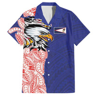 American Samoa Flag Day Family Matching Off The Shoulder Long Sleeve Dress and Hawaiian Shirt Tribal Tattoo with Eagle Blue-Red
