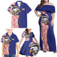 American Samoa Flag Day Family Matching Off Shoulder Maxi Dress and Hawaiian Shirt Tribal Tattoo with Eagle Blue-Red LT03 - Polynesian Pride
