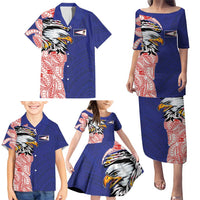 American Samoa Flag Day Family Matching Puletasi and Hawaiian Shirt Tribal Tattoo with Eagle Blue-Red LT03 - Polynesian Pride