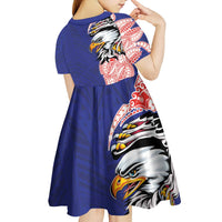 American Samoa Flag Day Kid Short Sleeve Dress Tribal Tattoo with Eagle Blue-Red