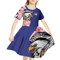 American Samoa Flag Day Kid Short Sleeve Dress Tribal Tattoo with Eagle Blue-Red