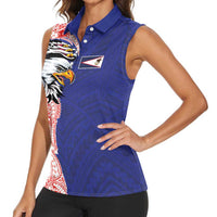 American Samoa Flag Day Women Sleeveless Polo Shirt Tribal Tattoo with Eagle Blue-Red