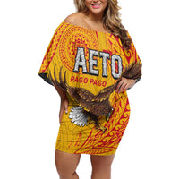 Personalised American Samoa Flag Day Off Shoulder Short Dress Fautasi Race Pago Pago-Aeto Eagle Wings Tribal Style LT03 Women Multicolor - Polynesian Pride