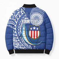 Personalised American Samoa Flag Day Bomber Puffer Jacket Fautasi Race Fagatogo-Iseula O Le Moana Sailfish Tribal Style