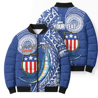 Personalised American Samoa Flag Day Bomber Puffer Jacket Fautasi Race Fagatogo-Iseula O Le Moana Sailfish Tribal Style