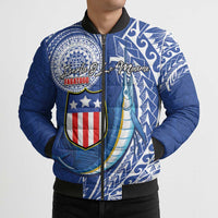 Personalised American Samoa Flag Day Bomber Puffer Jacket Fautasi Race Fagatogo-Iseula O Le Moana Sailfish Tribal Style