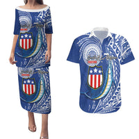 Personalised American Samoa Flag Day Couples Matching Puletasi and Hawaiian Shirt Fautasi Race Fagatogo-Iseula O Le Moana Sailfish Tribal Style LT03 Multicolor - Polynesian Pride
