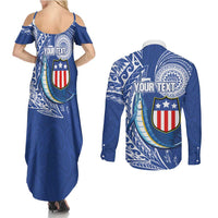 Personalised American Samoa Flag Day Couples Matching Summer Maxi Dress and Long Sleeve Button Shirt Fautasi Race Fagatogo-Iseula O Le Moana Sailfish Tribal Style LT03 - Polynesian Pride