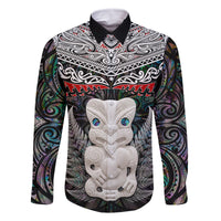 New Zealand Hei Tiki Family Matching Off Shoulder Short Dress and Hawaiian Shirt Maori Green Papua Shell Pattern LT03 Dad's Shirt - Long Sleeve Green - Polynesian Pride