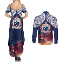 Samoa Indenpendence Day Couples Matching Summer Maxi Dress and Long Sleeve Button Shirt Sky Fireworks with Flag Style LT03 - Polynesian Pride