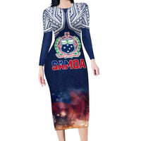 Samoa Indenpendence Day Long Sleeve Bodycon Dress Sky Fireworks with Flag Style LT03 Long Dress Black - Polynesian Pride