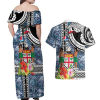 Fiji Day Couples Matching Off Shoulder Maxi Dress and Hawaiian Shirt Traditional Tapa with Hibiscus and Emblems