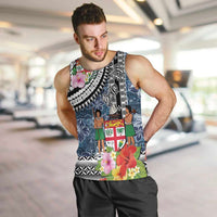 Fiji Day Men Tank Top Traditional Tapa with Hibiscus and Emblems