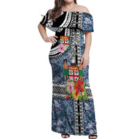 Fiji Day Off Shoulder Maxi Dress Traditional Tapa with Hibiscus and Emblems