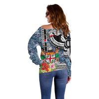 Fiji Day Off Shoulder Sweater Traditional Tapa with Hibiscus and Emblems