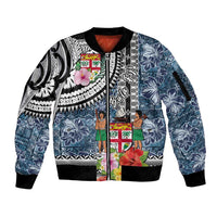 Fiji Day Sleeve Zip Bomber Jacket Traditional Tapa with Hibiscus and Emblems