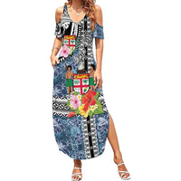 Fiji Day Summer Maxi Dress Traditional Tapa with Hibiscus and Emblems