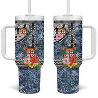 Fiji Day Tumbler With Handle Traditional Tapa with Hibiscus and Emblems LT03 One Size: 40 oz - Polynesian Pride