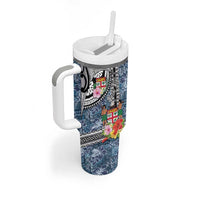 Fiji Day Tumbler With Handle Traditional Tapa with Hibiscus and Emblems LT03 - Polynesian Pride