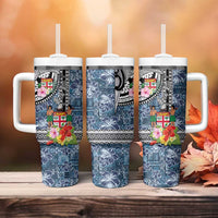 Fiji Day Tumbler With Handle Traditional Tapa with Hibiscus and Emblems LT03 - Polynesian Pride