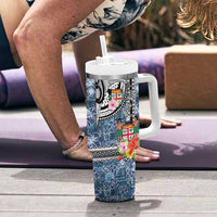Fiji Day Tumbler With Handle Traditional Tapa with Hibiscus and Emblems LT03 - Polynesian Pride