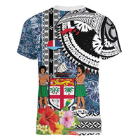 Fiji Day Women V-Neck T-Shirt Traditional Tapa with Hibiscus and Emblems