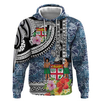 Fiji Day Zip Hoodie Traditional Tapa with Hibiscus and Emblems