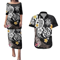 Hawaiian Tropical Plumeria Turtles Couples Matching Puletasi and Hawaiian Shirt Polynesian Art Tattoo