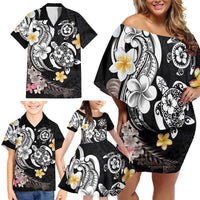 Hawaiian Tropical Plumeria Turtles Family Matching Off Shoulder Short Dress and Hawaiian Shirt Polynesian Art Tattoo