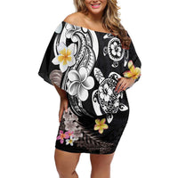 Hawaiian Tropical Plumeria Turtles Family Matching Off Shoulder Short Dress and Hawaiian Shirt Polynesian Art Tattoo