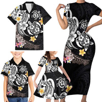 Hawaiian Tropical Plumeria Turtles Family Matching Short Sleeve Bodycon Dress and Hawaiian Shirt Polynesian Art Tattoo