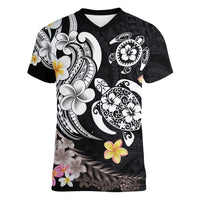 Hawaiian Tropical Plumeria Turtles Women V-Neck T-Shirt Polynesian Art Tattoo