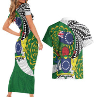 Cook Islands Independence Day Couples Matching Short Sleeve Bodycon Dress and Hawaiian Shirt National Flag and Emblem with Tatau Tattoo LT03 - Polynesian Pride
