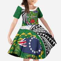 Cook Islands Independence Day Family Matching Off Shoulder Maxi Dress and Hawaiian Shirt National Flag and Emblem with Tatau Tattoo LT03 Daughter's Dress - Polynesian Pride