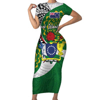 Cook Islands Independence Day Family Matching Short Sleeve Bodycon Dress and Hawaiian Shirt National Flag and Emblem with Tatau Tattoo LT03 Mom's Dress - Polynesian Pride